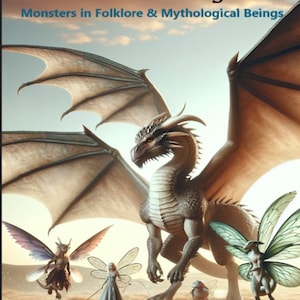 May include: A book cover titled "Creatures of Legend: Monsters in Folklore & Mythological Beings." The image features a large dragon with outstretched wings, and several fairies. The author's name, Melissa Jayne, is at the bottom.