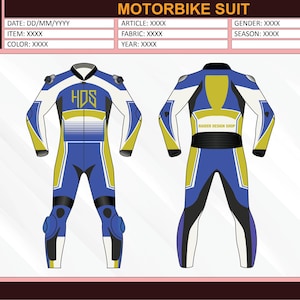 May include: A blue, white, and yellow motorbike suit design. The suit features a front and back view, with the front displaying the "HDS" logo. The design includes black accents and knee protection. The text "MOTORBIKE SUIT" is at the top.