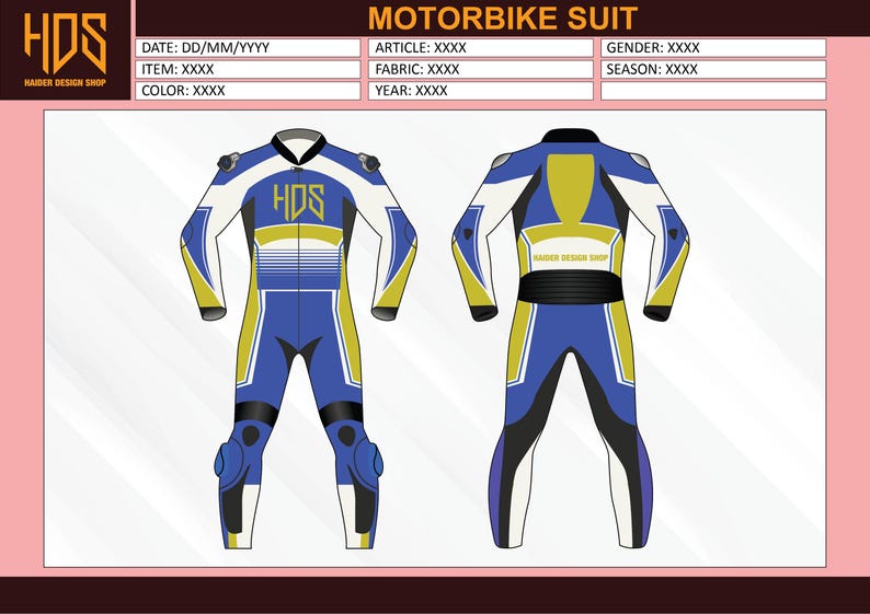 May include: A blue, white, and yellow motorbike suit design. The suit features a front and back view, with the front displaying the "HDS" logo. The design includes black accents and knee protection. The text "MOTORBIKE SUIT" is at the top.