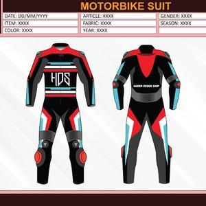 May include: Motorbike suit design in black, red, and light blue. The suit features the text "HDS" and "HAIDER DESIGN SHOP". The design includes knee pads and accents on the arms and legs. The suit is displayed from the front and back.