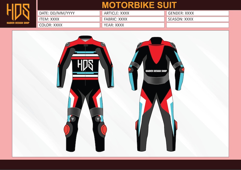 May include: Motorbike suit design in black, red, and light blue. The suit features the text "HDS" and "HAIDER DESIGN SHOP". The design includes knee pads and accents on the arms and legs. The suit is displayed from the front and back.