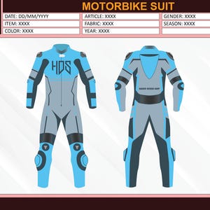 May include: A motorcycle suit design in light blue, gray, and black. The suit features the HDS logo on the chest and is shown from the front and back. The design includes protective padding on the knees and elbows. The suit is displayed on a pink background.