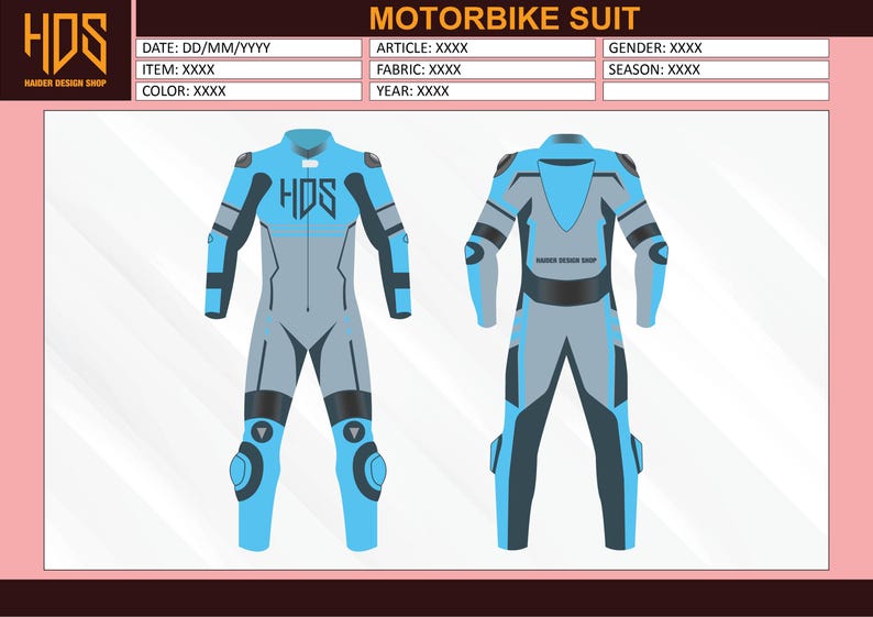 May include: A motorcycle suit design in light blue, gray, and black. The suit features the HDS logo on the chest and is shown from the front and back. The design includes protective padding on the knees and elbows. The suit is displayed on a pink background.