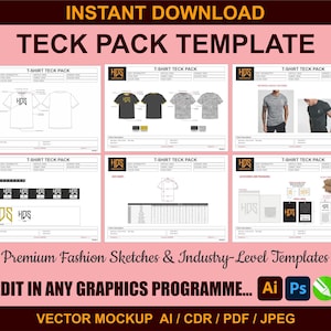 May include: A pink graphic with the words "INSTANT DOWNLOAD TECK PACK TEMPLATE" in black and white. The image shows several T-shirt design templates, including sketches and mockups. Text on the image includes "Premium Fashion Sketches & Industry-Level Templates."