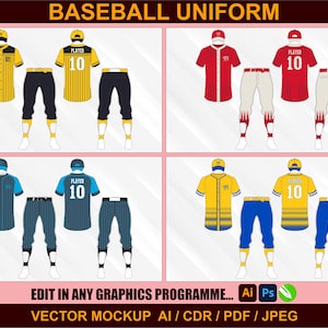 May include: Baseball uniform mockups in yellow, red, and blue color schemes. Each design includes a jersey, pants, and cap. The jerseys feature the word "PLAYER" and the number "10". The text "BASEBALL UNIFORM" is at the top.