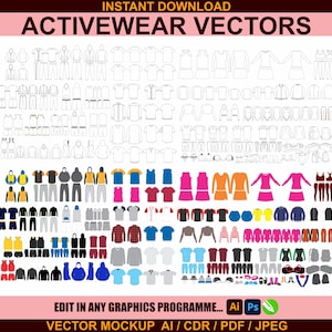 May include: A digital graphic showcasing activewear vector illustrations. The image presents diverse clothing designs, such as t-shirts, dresses, and athletic wear, in line art and colour variations. Text includes "INSTANT DOWNLOAD" and "ACTIVEWEAR VECTORS".