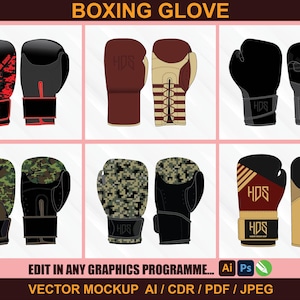 Puede incluir: Una colección de guantes de boxeo en varios diseños. Los guantes presentan diferentes combinaciones de colores, incluyendo negro, rojo, marrón y patrones de camuflaje. Cada guante muestra el texto "HDS" y "RAIDER DESIGN SHOP". La imagen también incluye el texto "EDIT IN ANY GRAPHICS PROGRAMME..." y "VECTOR MOCKUP AI / CDR / PDF / JPEG".