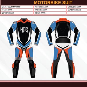 May include: A motorcycle suit design in front and back views. The suit features a color scheme of black, white, blue, and orange. The front view displays the HDS logo. The suit includes knee pads and a collar. The design is displayed on a pink background.