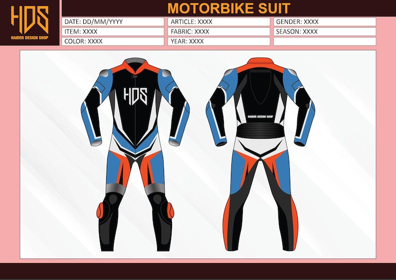 May include: A motorcycle suit design in front and back views. The suit features a color scheme of black, white, blue, and orange. The front view displays the HDS logo. The suit includes knee pads and a collar. The design is displayed on a pink background.