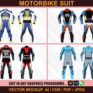 May include: A collection of motorcycle racing suits in various color schemes, including blue, black, red, and gray. Each suit features the text "HDS" and includes protective padding on the knees and elbows. The image also contains the text "MOTORBIKE SUIT".
