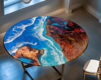 Resin Ocean Art Dining Table – Live Edge Epoxy River Coffee Table – Coastal Home Decor – Handmade Wood Ocean Table – Beach House Furniture