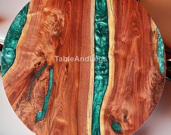 Teal River Wood Resin Table | Round Live Epoxy Table | Rustic Modern Coffee Table | Custom Handmade Wood  Furniture | Unique River Table Art