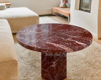 Rosso Levanto Marble Coffee Table | Round Pedestal Center Table, Luxury Red Stone Furniture