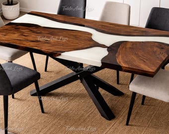 White Epoxy River Dining Table Top | Live Edge Walnut Wood Table | Handmade Resin Dining Table | Luxury Luxury White Epoxy River Dining top|