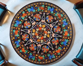 Round Black Marble Inlay Table Top – Vibrant Floral Pietra Dura Gemstone Mosaic – Handmade Mughal Art Dining Table – Luxury Marble Decor