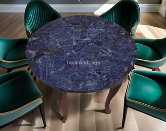 Sodalite Stone End Table | Round Purple Mosaic Console Table | Elegant Cabriole Leg Side Table | Natural Gemstone Accent Agate Table.
