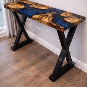 Live Edge Walnut Console Table, Blue Epoxy River, Narrow Hallway Sofa Table