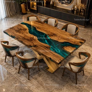 May include: A large, rectangular wooden dining table with a teal-colored resin river running through the center. The table is supported by a gold-colored metal base and surrounded by six wooden chairs with cream-colored cushions.