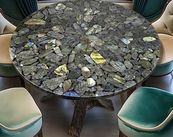 Flashy Labradorite Agate Table | Gray Gemstone Mosaic Table Top | Unique Mineral Art Furniture | Modern Statement Side Table
