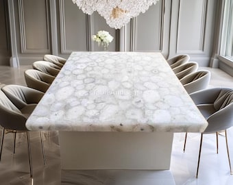 Tablero rectangular de ágata blanca para mesa de centro / Losa de piedra preciosa personalizada para comedor o consola / Piedra semipreciosa de lujo