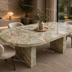 Green Onyx Dining Table – Oval Luxury Stone Table with Gold Veining – Modern Pedestal Marble Table – Statement Dining Furniture Oval Dining