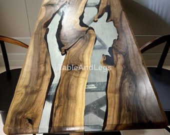 Live Edge Walnut and Grey Epoxy Resin Dining Table Custom Made Epoxy Resin River Table Handcrafted Walnut Slab Coffee Dining Room Table |