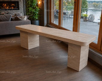 Handcrafted Travertine Console Table, Minimalist Beige Stone Hallway Furniture