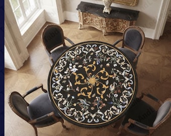 Round Black Marble Inlay Table Top – Handmade Pietra Dura Floral Mosaic | Luxury Gemstone Dining Table | Italian Mughal Stone Art