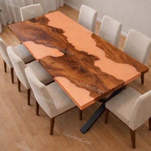 Handmade Peach Resin River Table, Solid Walnut Live Edge Dining Table with Pastel Pink Epoxy, Mid Century Modern Furniture,Unique Wood Table