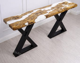 Handmade Olive Wood & White Epoxy River Console Table Top, Modern Hallway Furniture