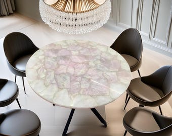 Dessus de table en agate rose pâle et blanche - Meubles ronds en mosaïque de pierres précieuses | Table de luxe inspirée du quartz rose | Marqueterie de résine faite main, table à manger