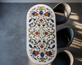 Tablero de mesa de comedor de mármol blanco con incrustaciones florales, mesa de centro con diseño de pavo real hecha a mano.