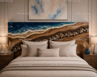 Ocean Wave Epoxy Resin Headboard | Live Edge Wood Bed, Coastal Geode Bedroom Wall Decor