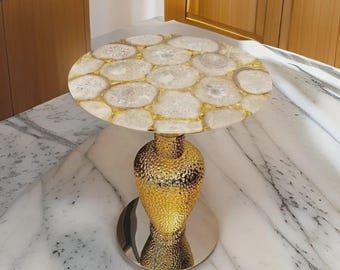 Labradorite Statement Table | White & Gold Quartz Geode Top | Organic Modern Dining Table | Handmade Luxury Gemstone Furniture