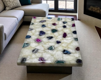 Mesa de centro de ágata, incrustaciones de piedras preciosas, mesa auxiliar moderna