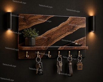 Live Edge Wood Key Holder – Black Epoxy River Entryway Organizer Hooks Rustic Modern