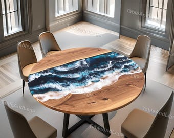Round Walnut Live Edge Dining Table | Blue Ocean Epoxy River Top