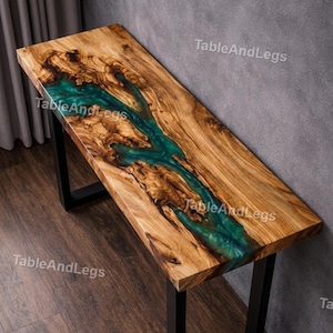Live Edge Olive Wood Console Table with Emerald Green Epoxy River | Modern Entryway Table | Luxury Resin Furniture Green Epoxy Resin River