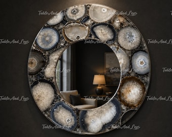 Round Agate Crystal Wall Mirror | Natural Gemstone Luxury Home Decor