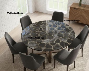 Black White Agate Table Top | Round Gemstone Mosaic Coffee Table Accent