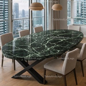Mesa de comedor ovalada de mármol Green Spider – Mesa de lujo de piedra natural con base en X de metal negro – Mesa de cocina moderna de mármol – Tamaño personalizado