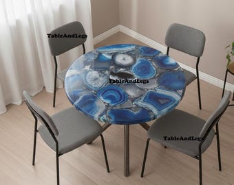 Blue Agate Geode Table Top | Round Quartz Stone with Gold Glitter Resin Accent Furniture