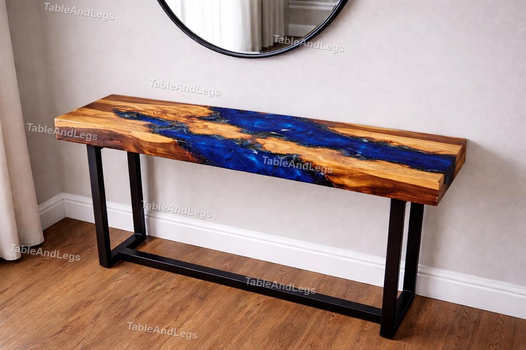 Live Edge Wood Console Table With Blue Epoxy River – Narrow Entryway ...