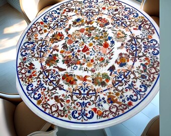 Tablero de mesa de mármol floral con incrustaciones de piedras preciosas, mesa de centro redonda, arte de incrustaciones hecho a mano