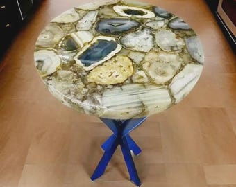 Agate End Table with Blue Base, Round Polished Natural Stone Side Table, Luxury Geode Slice Accent Furniture, Coffee Table Top