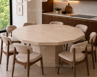 Octagonal Travertine Dining Table | Luxury Pedestal Stone Table
