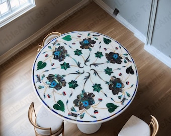 Mesa de comedor redonda con incrustaciones florales - Mesa de mármol hecha a mano con piedras preciosas incrustadas