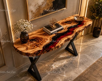 Burl Wood Red Epoxy River Console Table | Live Edge Entryway Table