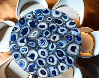 Blue Agate Table Top | Round Gemstone Mosaic Furniture | Luxury Handmade Agate table | Natural Stone Accent Table | Ocean-Inspired Decor