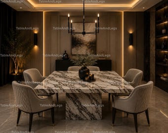 Table de salle à manger de luxe en marbre Calacatta | Meubles de salle à manger carrés modernes en pierre